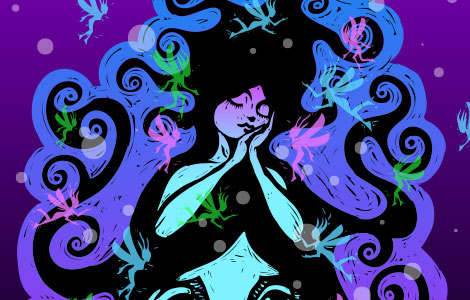 An illustration of a peaceful woman with her eyes closed, surrounded by tiny, colorful fairies flying within the blue and purple swirls of her long, flowing hair.