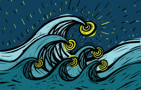 a shaka rises from frothy ocean waves, set against a large yellow sun and an orange background. The text YEAH YEAH in arched, blocky blue letters is positioned above the hands