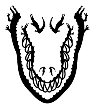 Eight small aligator graphics are positioned to form one large gator head