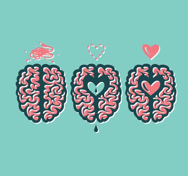 A graphic of three brains with the shape of a metaphorical heart shape sits inside the brain