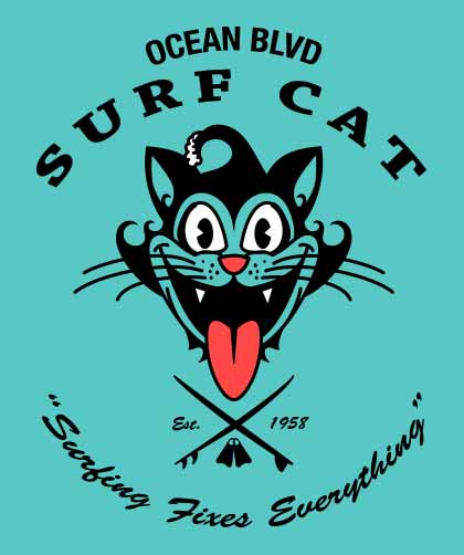 The back of a light gray t-shirt featuring a vintage-style graphic. The central design is a grinning black cat head with its red tongue sticking out. Above the cat, a text arch reads OCEAN BLVD and SURF CAT. Below the cat is a pair of crossed surfboards and Est. 1958. Arced text at the bottom says Surfing Fixes Everything