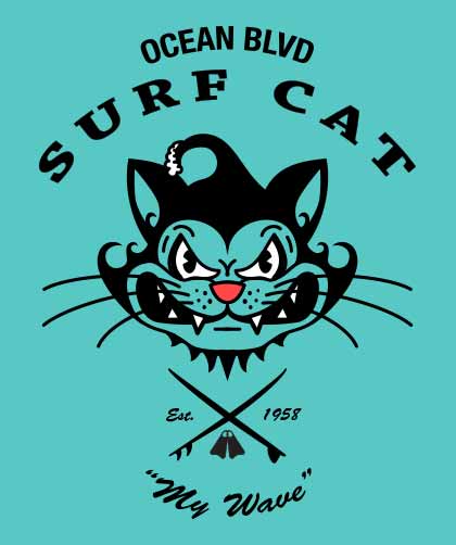 The back of a light gray t-shirt featuring a vintage-style graphic. The central design is a angry black cat head baring it's teeth. Above the cat, a text arch reads OCEAN BLVD and SURF CAT. Below the cat is a pair of crossed surfboards and Est. 1958. Arced text at the bottom says My Wave