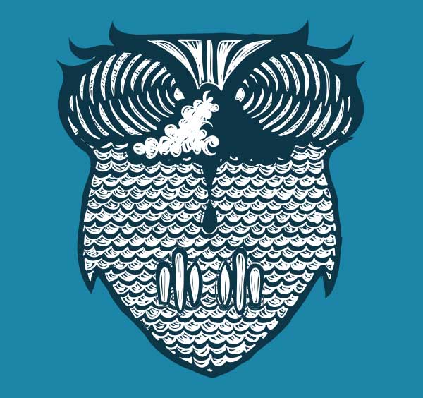 an owl design is created though different aspects of waves and ocean. The head, eyes, and beak are created with a straightforward view of a crashing wave. The feathers are creating with repeating texture of wave chop, and the claws are creating by displaying differnt surfboard shapes