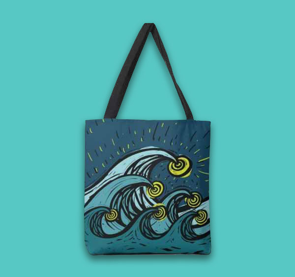 a tote bag with six overlapping waves. Each wave has a glowing cicle at it's crest