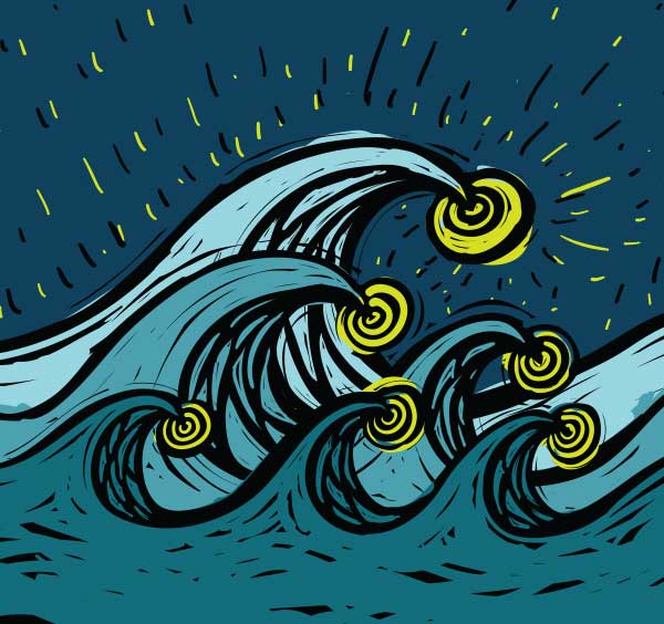 six waves that are breaking to the right. Each wave has a gold cicle at the crest of the wave