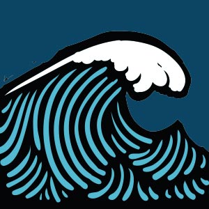 A simplified interpretation of the famous print, the great wave off Kanagawa. This still has a woodcut look, but has bold thick lines and color